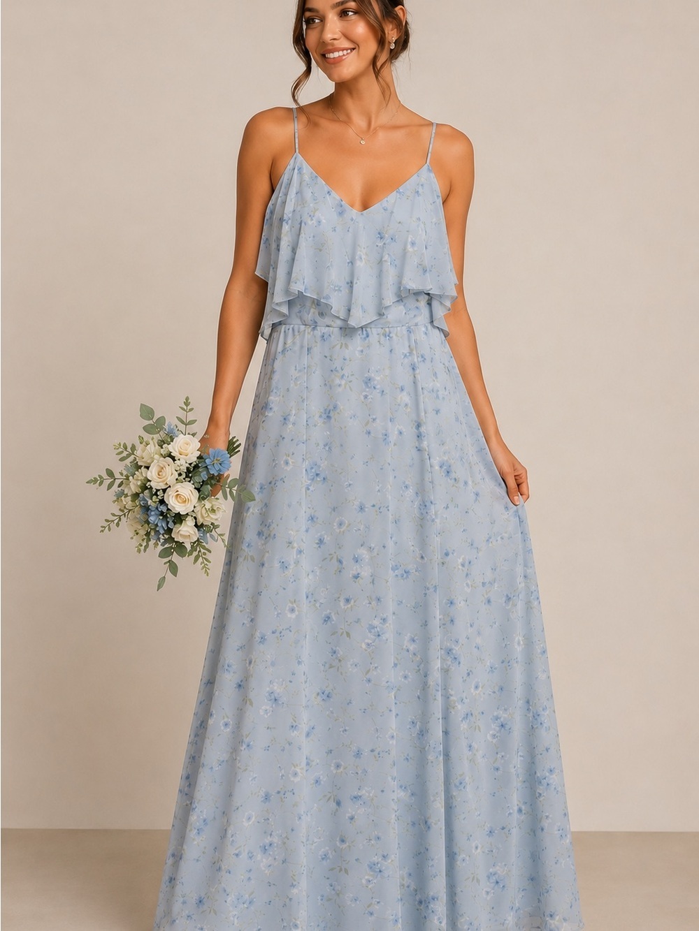 Birdy Grey Blue Floral Chiffon Bridesmaid Maxi Dress Ruffle Bodice Large
